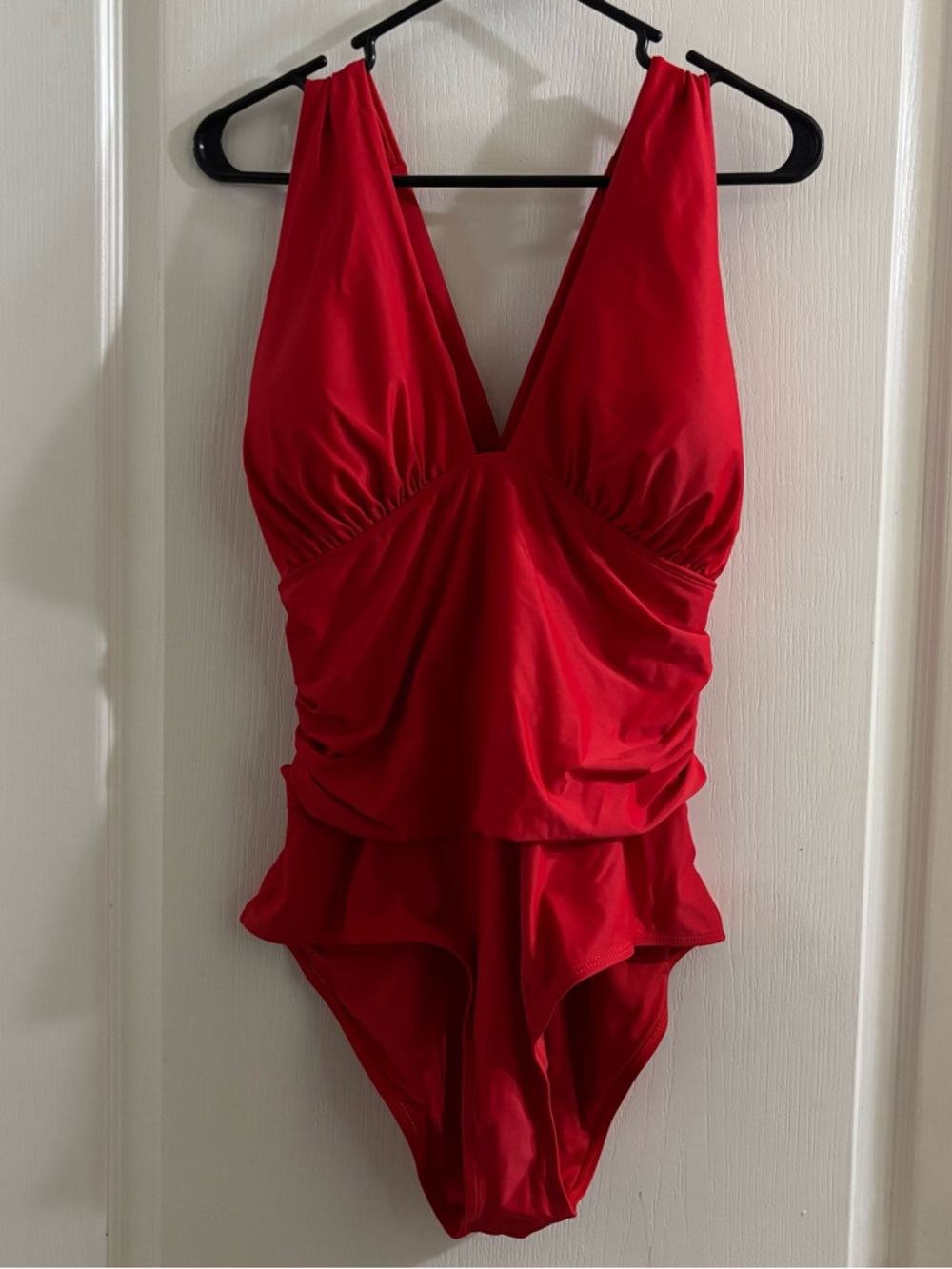 Amazon Women's Vibrant Red V-Neck Ruching One-Piece Swimsuit